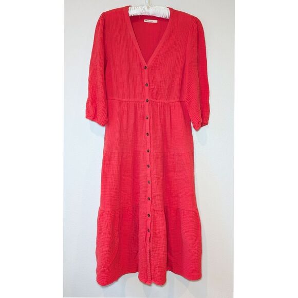 Marine Layer Willow Tiered Button-Up Midi Dress in Red - Picture 4 of 16
